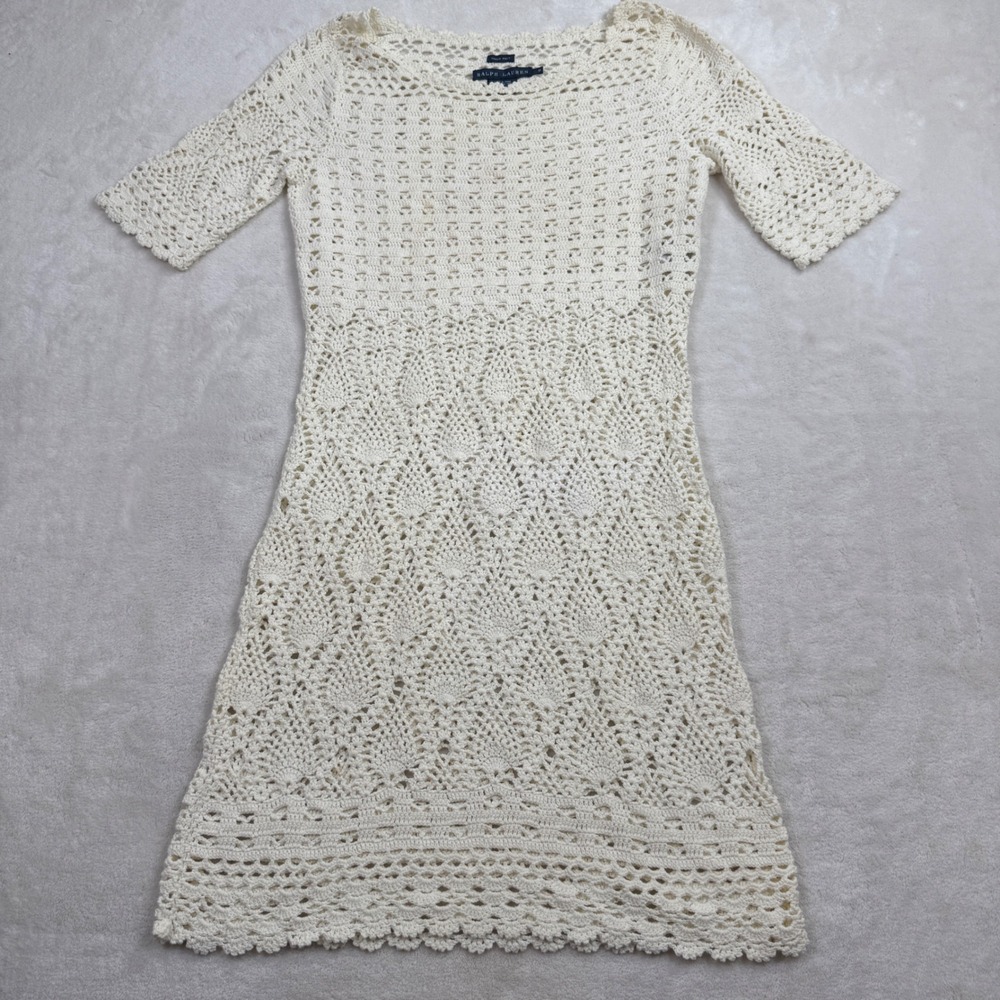 Ralph Lauren Hand Knit Crochet Dress Cream Ivory Cotton Italian Yarn Womens M - Picture 2 of 6